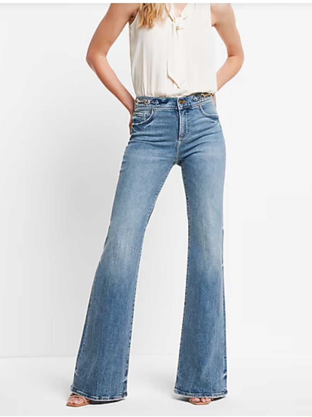 Express Mid Rise Medium Wash Horsebit '70s Flare Jeans Size 8 Long